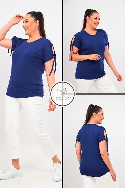tarzımsüper New Season Plus Size - Comfort Model Short Sleeve Combed Cotton Tunic T-shirt with Sleeve Laces and Pearl Detail