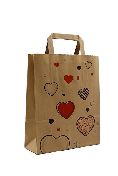 Packanya 22x10x32 - 25 Adet Düz Saplı Kraft Kalpli Çanta