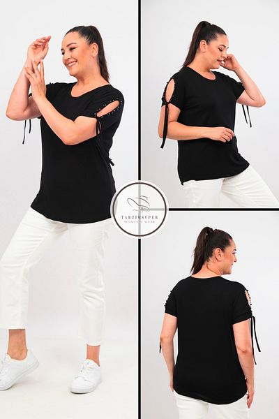tarzımsüper New Season Plus Size - Comfort Model Short Sleeve Combed Cotton Tunic T-shirt with Sleeve Laces and Pearl Detail