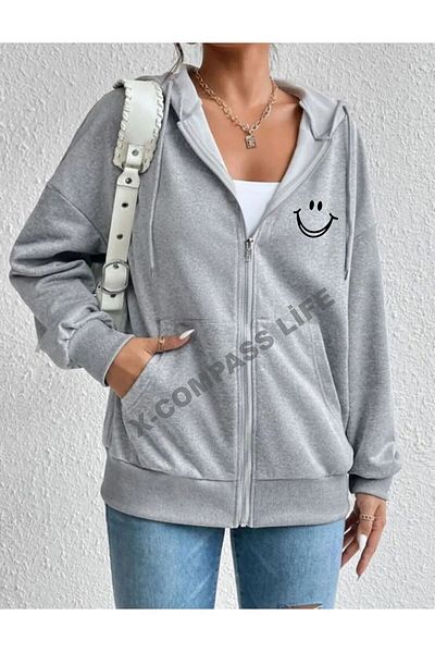 x-compass life Unisex Oversize Hooded Zippered Cardigan - Seasonal Smill Printed