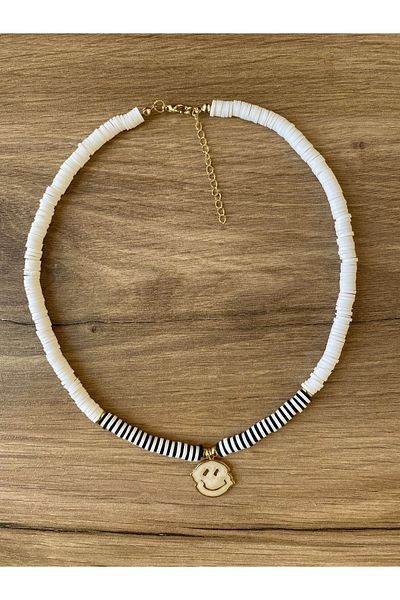 Stoneday Black and White Fimo Bead Gold Detailed Turtle Daisy Ghost Figured Necklace