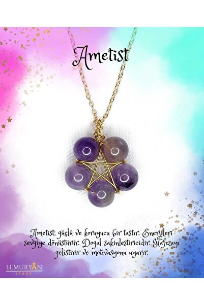 LEMURYANSTONE Orijinal Ametist Gold Pentagram Kolye