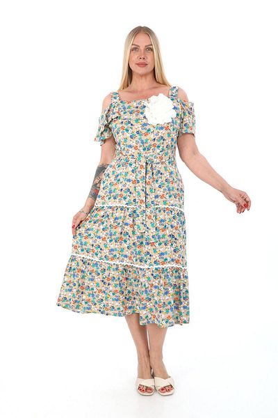 etselements X MODAPO Rose Brooch Floral Print Viscose Women's Dress - Off-the-Shoulder Belted