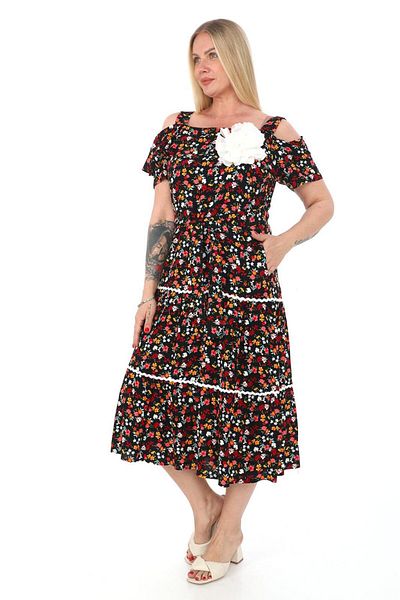 etselements X MODAPO Rose Brooch Floral Print Viscose Women's Dress - Off-the-Shoulder Belted