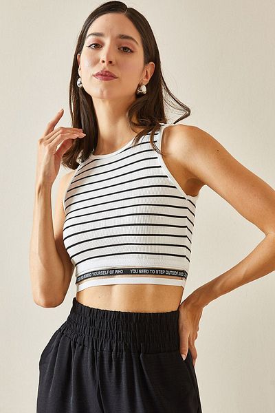 XHAN Crew Neck White Striped Crop Blouse - 5YXK2-48671-01