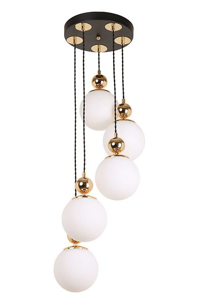 MŞ Aydınlatma Misket 5-Piece Black Gold White Glass Pendant Lamp Chandelier