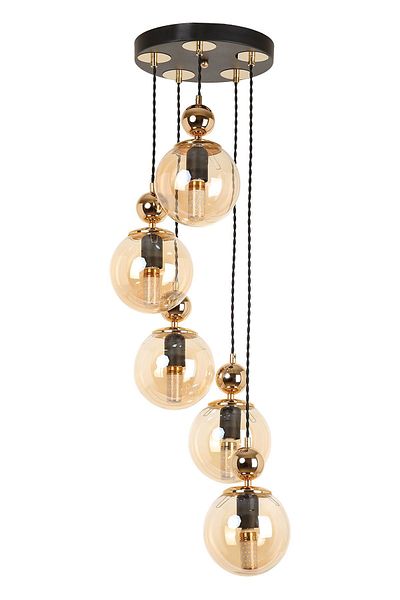 MŞ Aydınlatma Misket 5-Piece Black Gold Honey Glass Pendant Lamp Chandelier