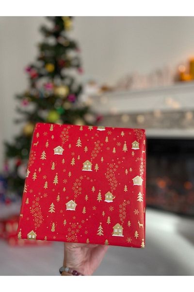 eylülün etiket fabrikası Gift Wrapping Paper - 5 M. Gold Patterned with Red Background - New Year Christmas New Year Wrapping Paper