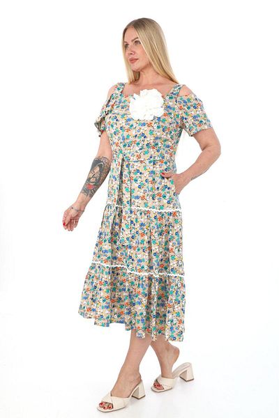 etselements X MODAPO Rose Brooch Floral Print Viscose Women's Dress - Off-the-Shoulder Belted
