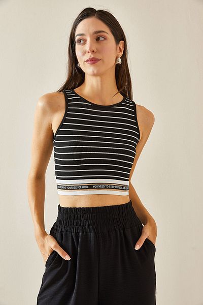 XHAN Schwarze, gestreifte Crop-Bluse mit Rundhalsausschnitt - 5YXK2-48671-02