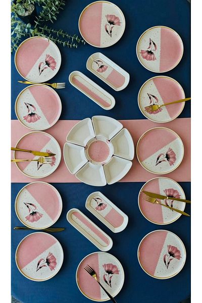 VENÜS HOME DECORATION Gelincik Model Pink Breakfast Set for 12 People - 23 Pieces