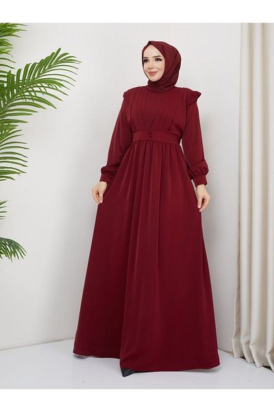 asyadabutik Rochie de seară musulmană lungă, cu detaliu cu nasturi, cu volane pe umăr