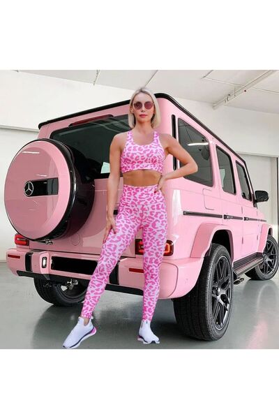 lismina Pembe Leopar Desen Sırtı Çapraz Askılı Spor Büstiyer ( Sporcu Sütyeni )