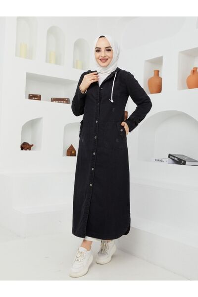 Pamuk Butik Kadın Siyah Denim Kapüşonlu Tesettür Kot Kap