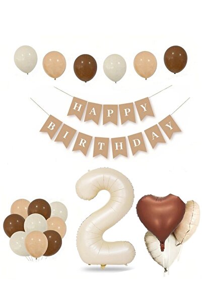 Genel Markalar 2 İki Yaş Retro Doğum Günü Seti; Krem Rakam Folyo, Banner, Kalp Folyo ve Lateks Balon