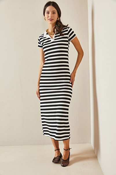 XHAN Schwarzes Midikleid mit Rollkragen und Streifen - 5YXK6-48699-02