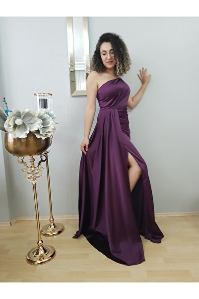 FERGAN فستان سهرة نسائي بكتف واحد من الساتان مع فتحة