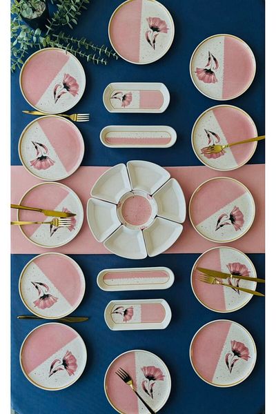VENÜS HOME DECORATION Gelincik Model Pink Breakfast Set for 12 People - 23 Pieces