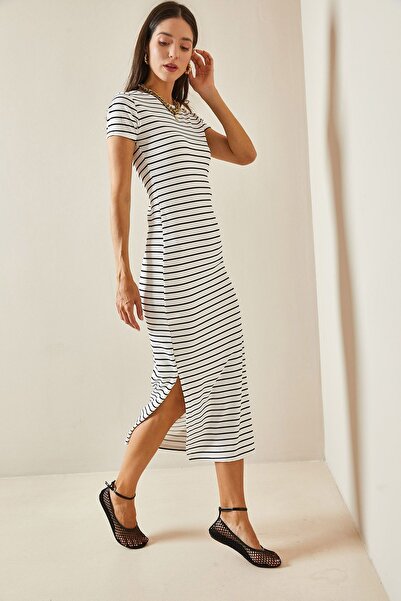 XHAN Crew Neck Ριγέ Λευκό Maxi Φόρεμα - 5YXK6-48676-01