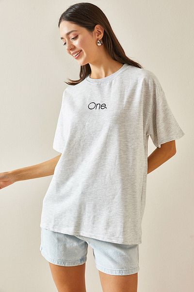 XHAN Crew Neck Gray Oversize T-Shirt - Printed - 5YXK1-48703-03