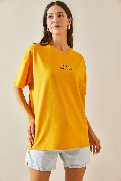 XHAN Crew Neck Yellow Oversize T-Shirt - Printed - 5YXK1-48703-10