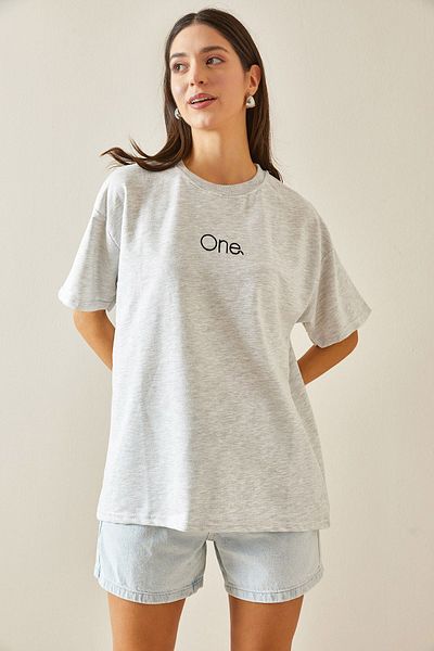 XHAN Crew Neck Gray Oversize T-Shirt - Printed - 5YXK1-48703-03