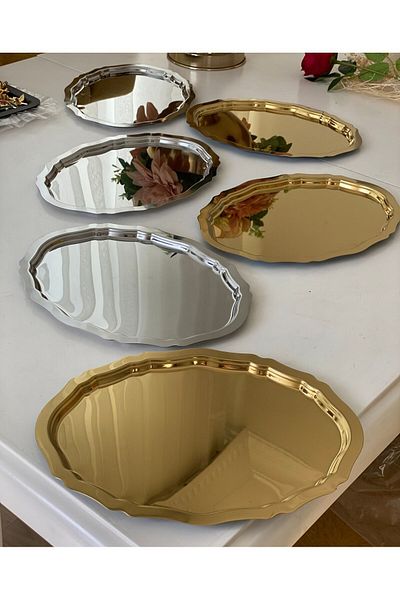 Elzemm store 25 cm Gold and Silver Color Oval Model Presentation Table of 6