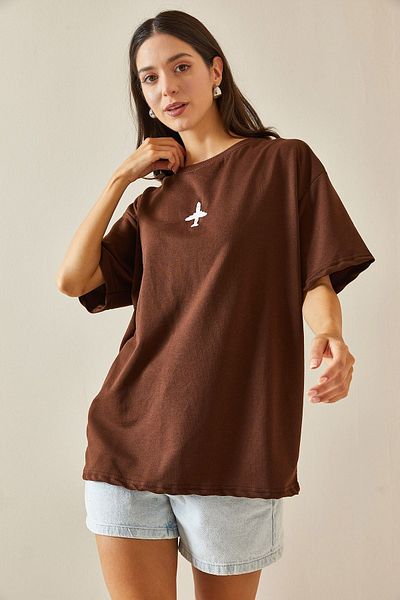 XHAN Crew Neck Brown Oversize T-Shirt - Printed 5YXK1-48701-18