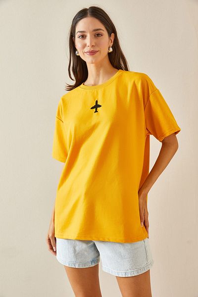 XHAN Crew Neck Yellow Oversize T-Shirt - Printed - 5YXK1-48701-10