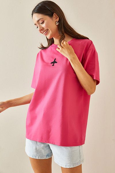 XHAN Fuchsia Oversize Crew Neck Written T-Shirt - 5YXK1-48701-07