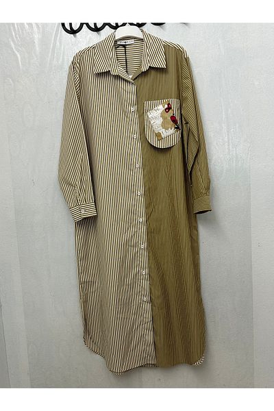 Puane Below the Knee Shirt Collar and Bag Pocket Detailed Long CAMEL TUNIC 10487