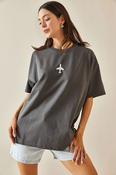 XHAN Crew Neck Anthracite Oversize T-Shirt - Written - 5YXK1-48701-36