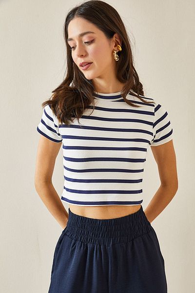 XHAN Navy Blue Striped Crew Neck Crop T-Shirt - 5YXK1-48698-14