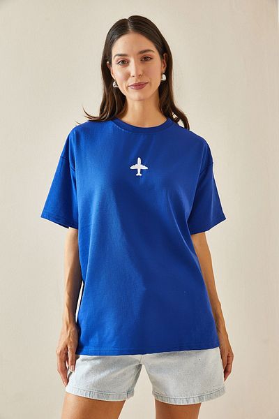 XHAN Crew Neck Blue Oversize T-Shirt - Written - 5YXK1-48701-12