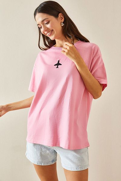 XHAN Crew Neck Pink Oversize T-Shirt - Printed - 5YXK1-48701-20