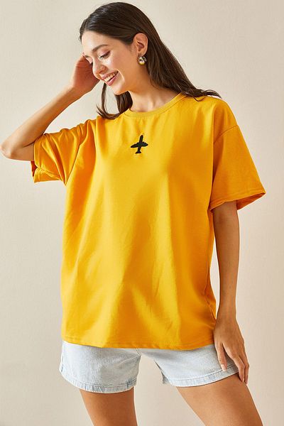 XHAN Crew Neck Yellow Oversize T-Shirt - Printed - 5YXK1-48701-10
