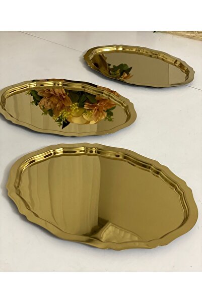 Elzemm store 20*25 CM PARLAK GOLD OVAL MODEL 3 ADET SERVİS VE SUNUM TEPSİSİ