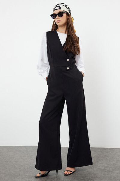 Trendyol Modest Černá kombinéza se širokými nohavicemi – perlový detail, tkaná, TCTSS24TL00005