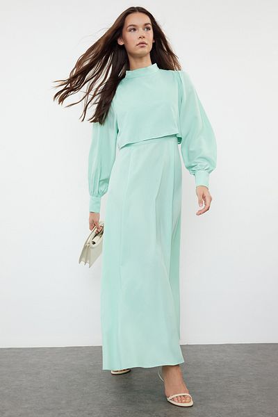 Trendyol Modest Υφαντό φόρεμα σε χρώμα μέντας - Λεπτομερές κομμάτι TCTSS24EB00190