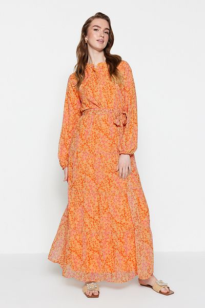 Trendyol Modest Żółta szyfonowa tkana sukienka z paskiem i stójką w kwiaty TCTSS21EL3346