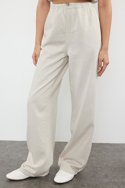 Trendyol Collection Stone Premium Waist Detailed Linen Blended High Waist Wide Leg Trousers Twoaw25Je00003
