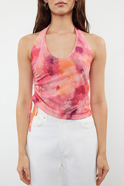 Trendyol Collection Pink Drape Detailed Abstract Patterned Knitted Blouse - Halter Neck TWOSS24BZ00630