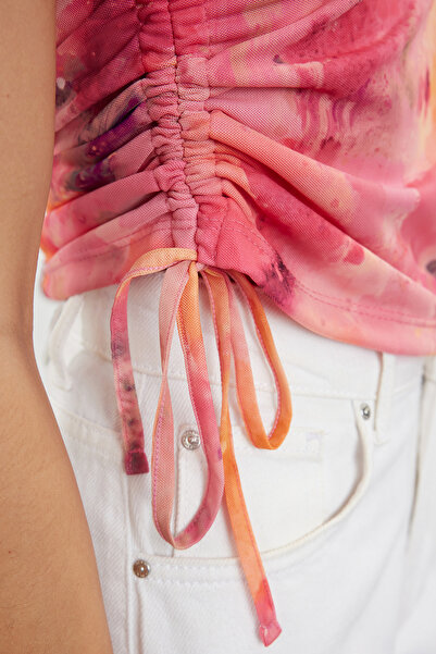 Trendyol Collection Pink Drape Detailed Abstract Patterned Knitted Blouse - Halter Neck TWOSS24BZ00630