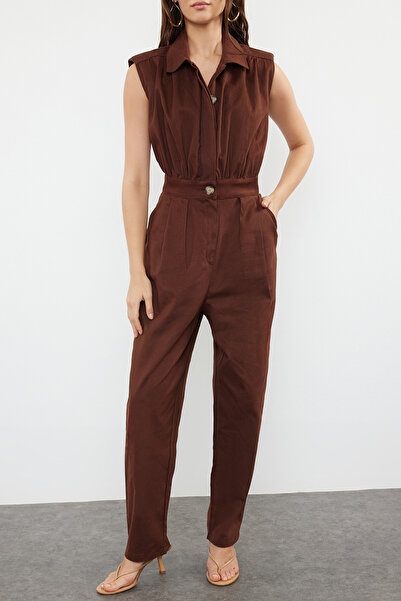 Trendyol Collection Maxi Length Brown Overalls - Shirt Collar, Woven, TWOSS21TU0233