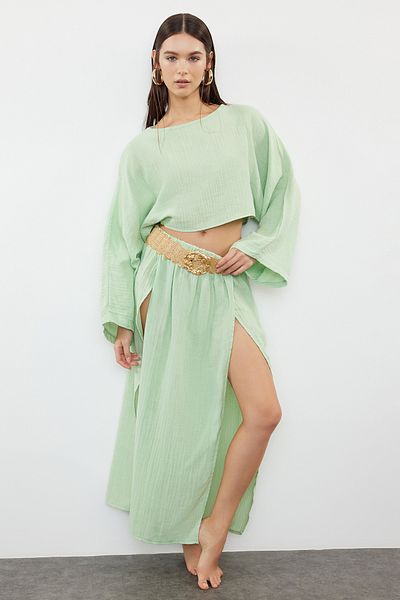 Trendyol Collection Menta muszlin blúz és szoknya szett - Hasított részletek szőtt TBESS24AU00053