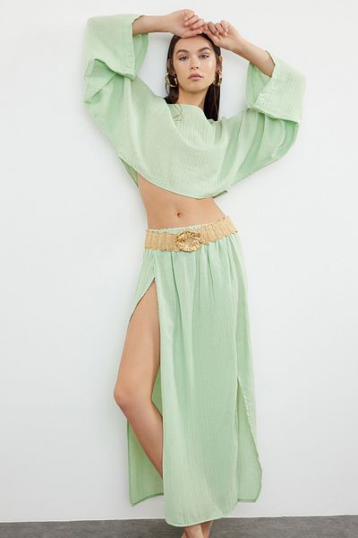 Trendyol Collection Menta muszlin blúz és szoknya szett - Hasított részletek szőtt TBESS24AU00053
