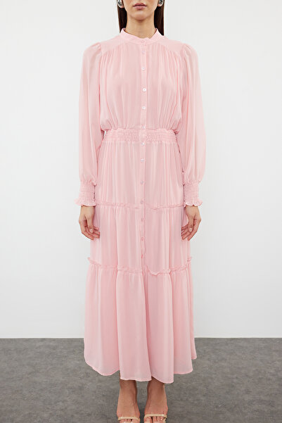 Trendyol Modest Gipe Φόρεμα σιφόν από ξηρό τριαντάφυλλο με λεπτομέρειες και επένδυση - TCTSS24EB00046