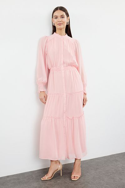 Trendyol Modest Gipe Φόρεμα σιφόν από ξηρό τριαντάφυλλο με λεπτομέρειες και επένδυση - TCTSS24EB00046
