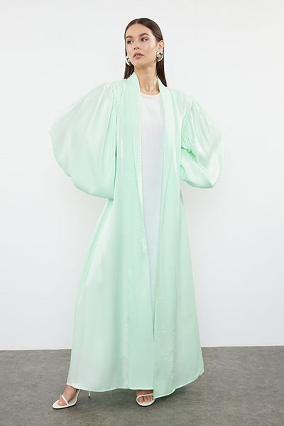 Trendyol Modest Mintgrüne gewebte Kappe mit Ballonärmeln - Ferace/Abaya/Abendkleid TCTSS24KF00041