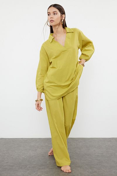 Trendyol Collection Green Woven 100% Cotton Blouse Pants Set TBESS24AU00070
